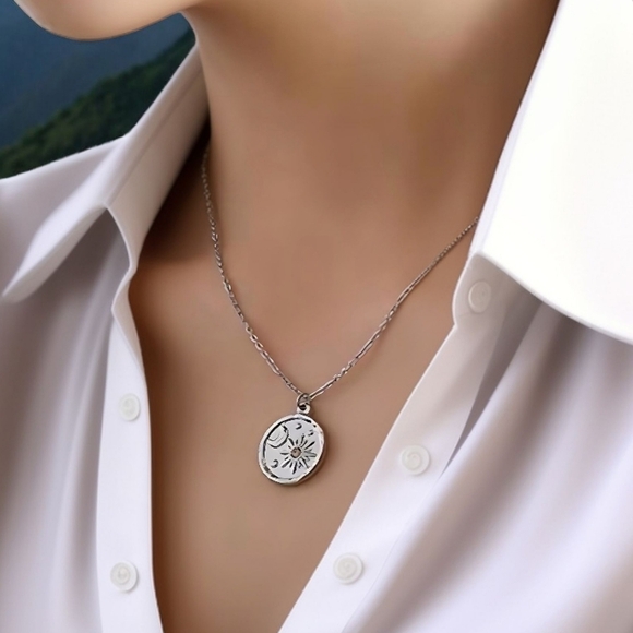 🆕️Celestial Sun & Moon Necklace 18K White Gold Plated Stainless Steel Medallion - Picture 10 of 12
